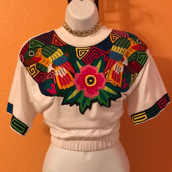 Embroidered Multicolored Elastic Waist Crop Top - Picture 1 of 6